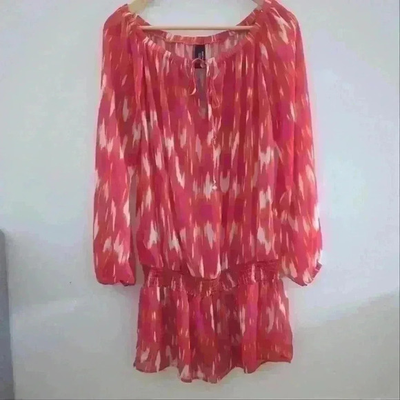 JONES NEW YORK | Women's Orange/Pink/White Abstract Sheer Long Flowy Bl… - Picture 1 of 5